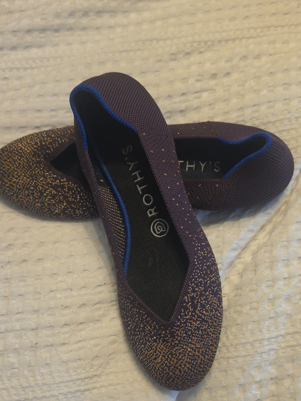 Rothy's Navy Flats with Gold Metallic Knit Accents